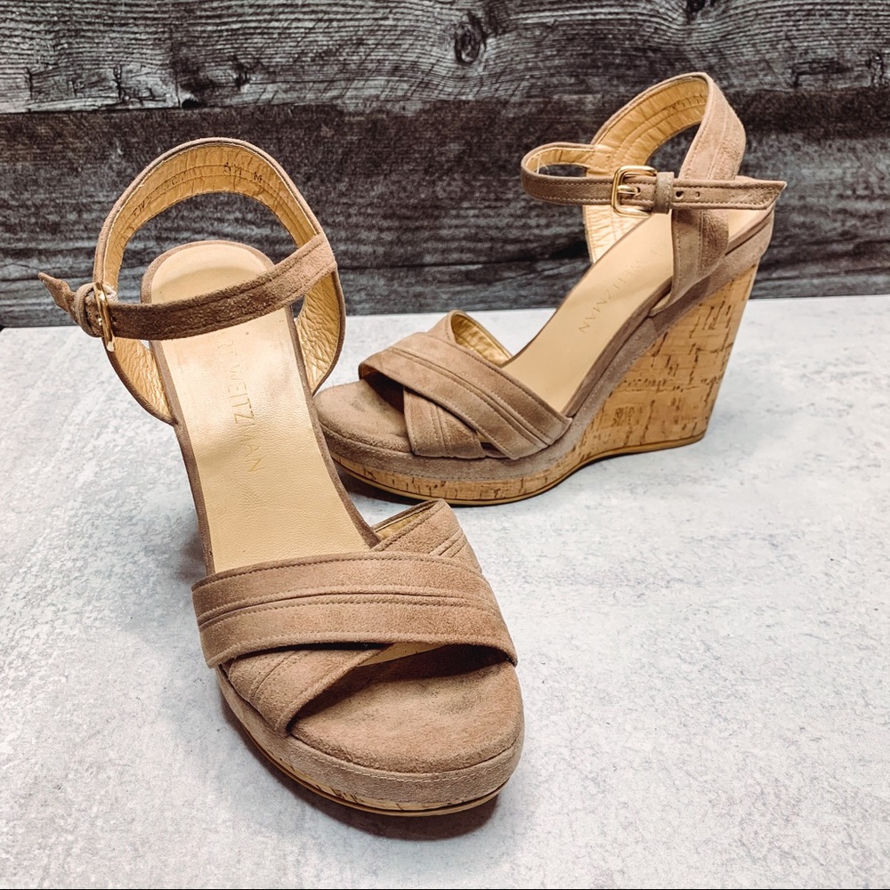 Stuart Weitzman Suede Cross Strap Cork Sandals